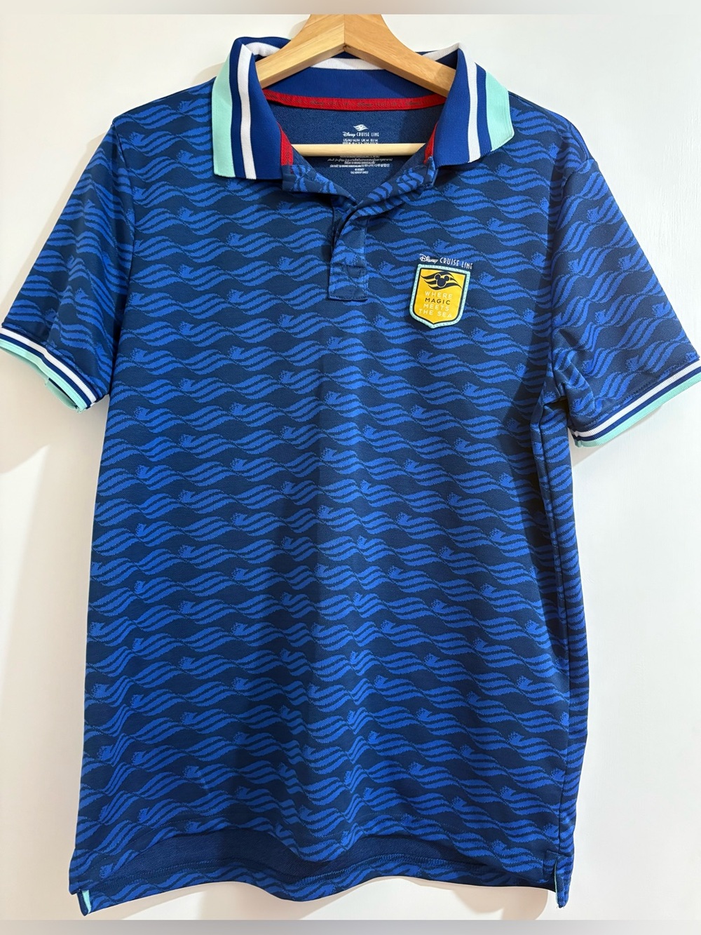 Disney Cruise Line Mens Medium Blue Wave Polo Shirt Where Magic Meets The Sea